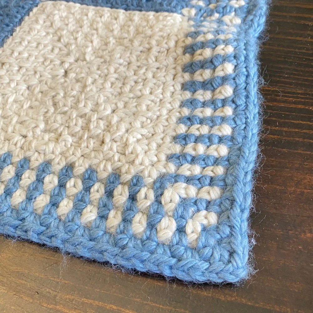 Vintage Handmade‎ Crochet Baby Blanket Blue Cream Checkered Super Soft 40x32